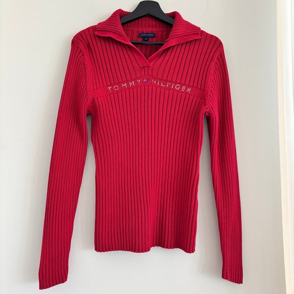 Vintage Y2K 00s Women's Tommy Hilfiger Rhinestone Collared Ribbed Sweater Size L - Picture 2 of 7